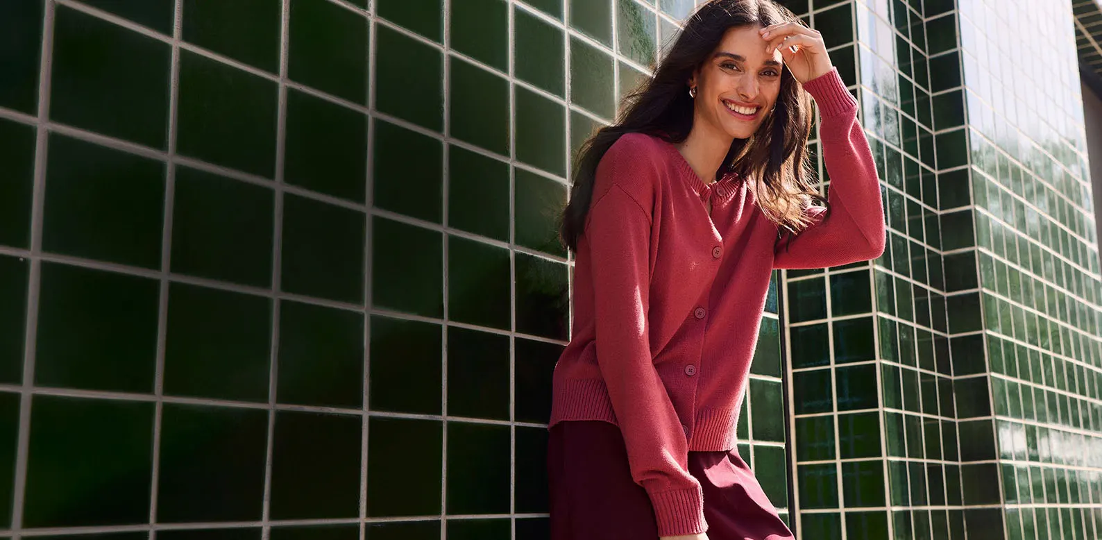 Pink knit cardigan and wide-leg trousers from the bonprix casual collection