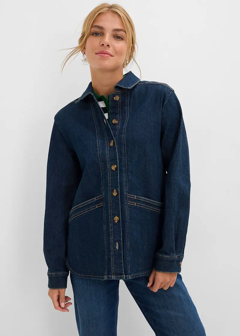 Denim jacket, striped polo and jeans
