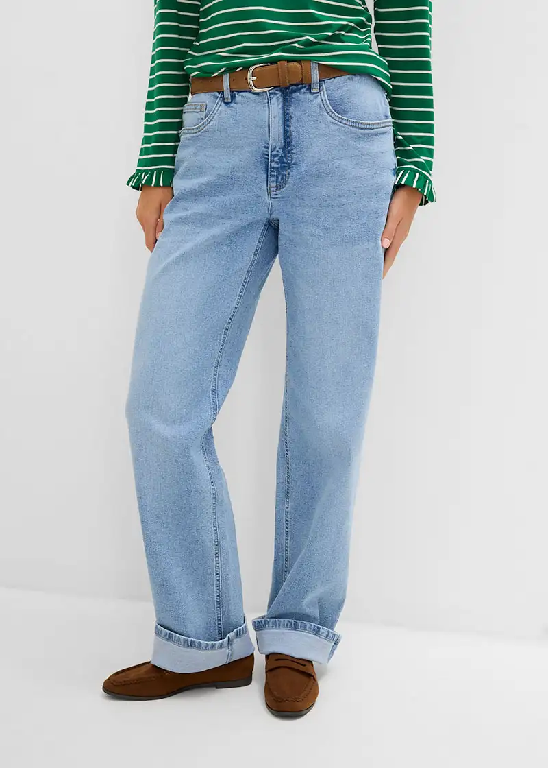 Striped tee, wide-leg jeans and suede loafers