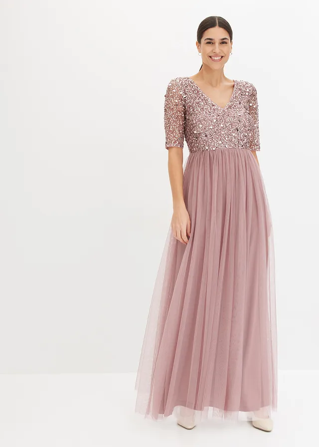 Dusty rose tulle evening dress with sequins