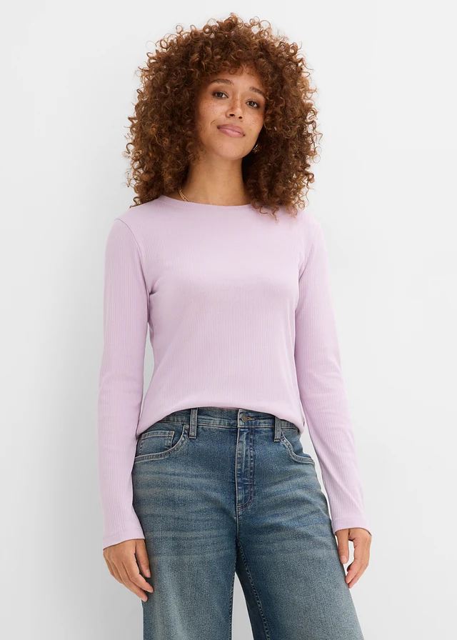 Smoke-lilac ribbed long-sleeve cotton blouse