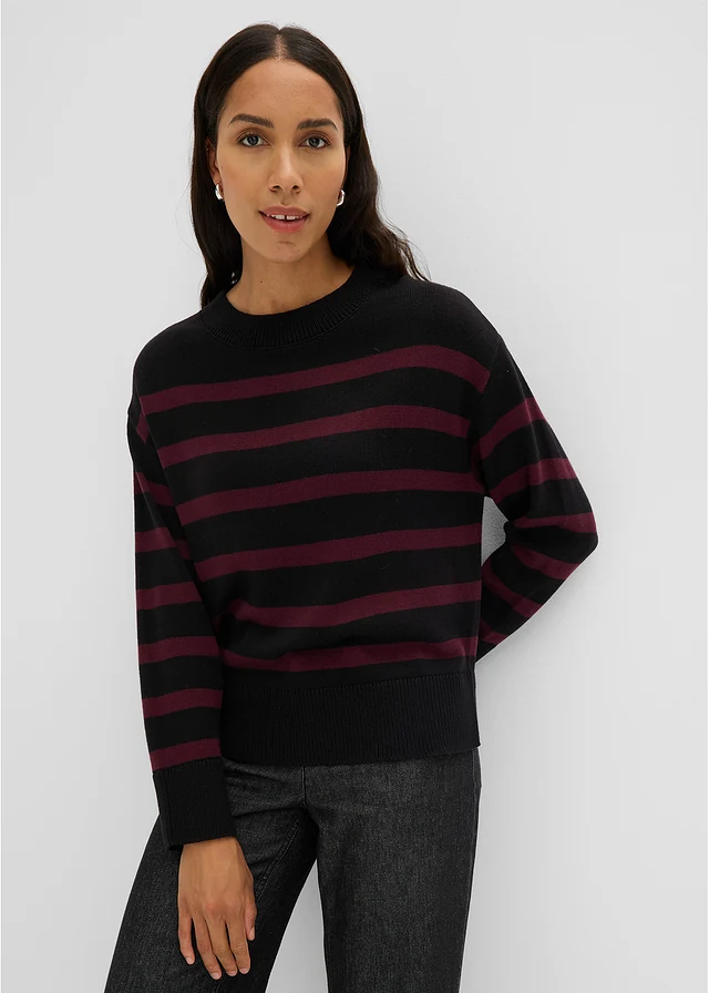 Black and wine striped cotton-blend sweater