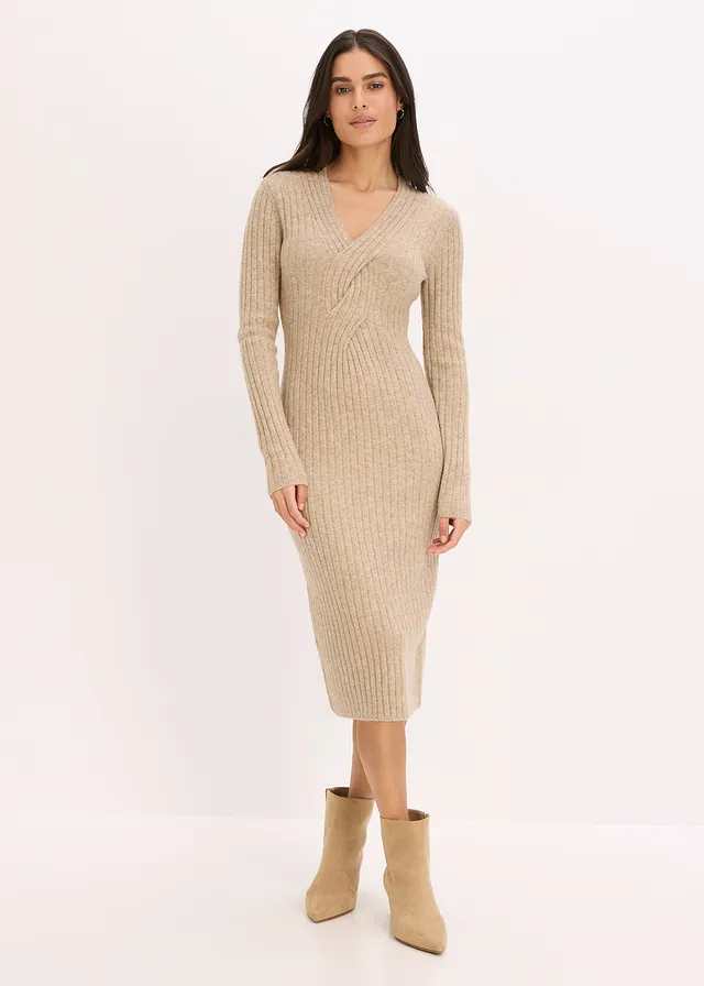 Beige mélange wool-blend knit dress